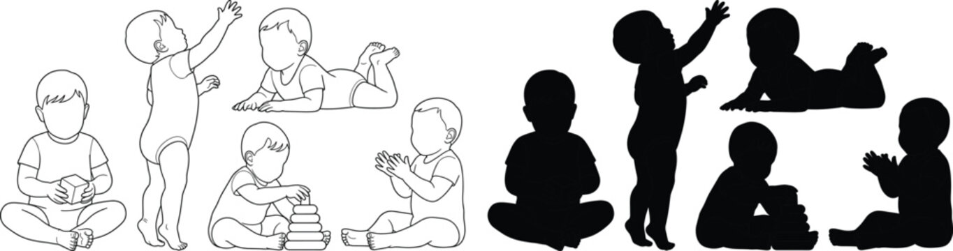 Baby Pose Reference Vector Collection with Line Art and Black Silhouettes for Character Drawing