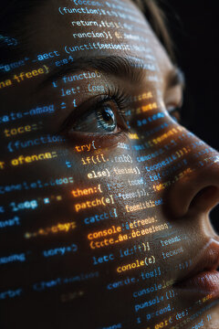 Close up of eye with programming code projection representing software development and coding