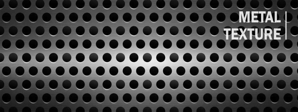 Background black perforated with texture plate hole for mesh metal pattern. Grate fibre material with board surface screen for micro panel steel. Realistic round perforated with plate texture.