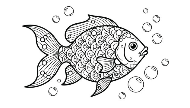 Decorative goldfish swimming among bubbles with intricate scale patterns designed for adult coloring and artistic meditation.