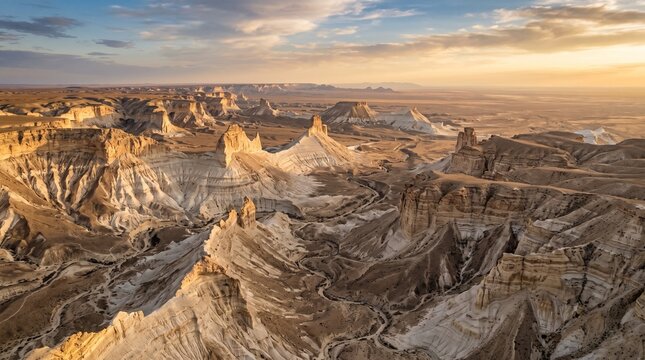 High-altitude drone view of the Mangystau rock formations with chalk mountains, layered cliffs, winding ravines and vast desert valleys under warm golden-hour light.