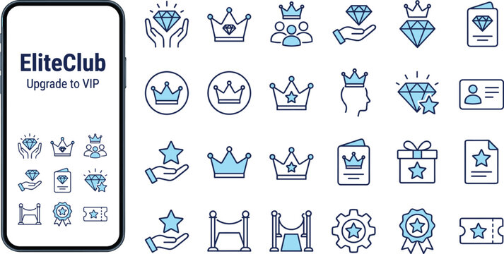 Premium blue line vector icons set for elite club membership mobile application interface layout on white background