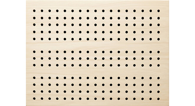 Perforated acoustic wooden panel. Sound absorbing wall board with square hole pattern.