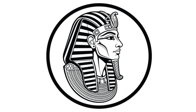 Portrait of an ancient Egyptian pharaoh depicted in a profile view within a circular frame as highly detailed black and white line art.