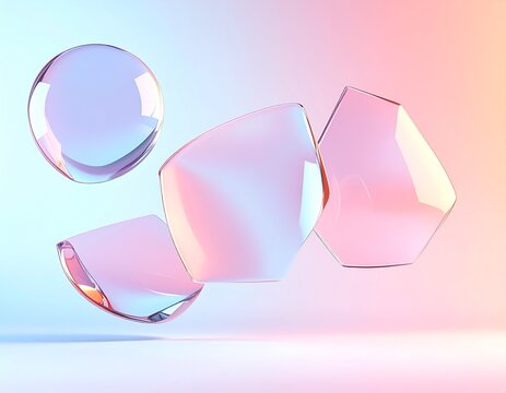 Pastel glass sphere and geometric forms floating in air