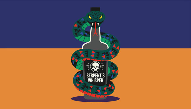 Green snake with black and red patterns coiled tightly around a dark bottle of spirit labeled as serpent's whisper with a skull icon.
