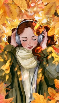 Autumn warmth a young woman enjoys music amidst vibrant fall foliage peaceful contentment stock illustration