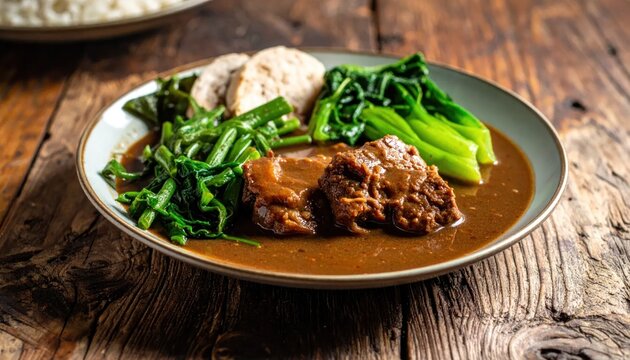 Hearty braised oxtail stew with vibrant green vegetables and steamed bread served on a rustic plate on a wooden table.