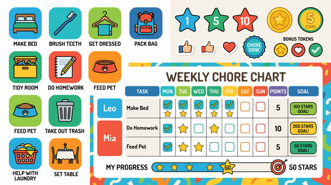 Colorful Weekly Chore Chart Board.