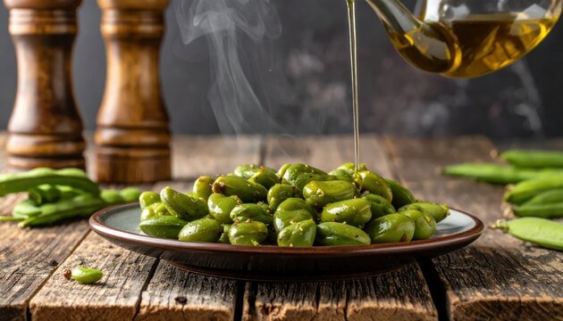 Hot broad beans also known as fava beans freshly steamed and drizzled with olive oil served on a rustic wooden table with steam rising.