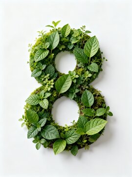 3D numeral 8 made of fresh green foliage, natural plant formed digit, eco botanical typography element on white background