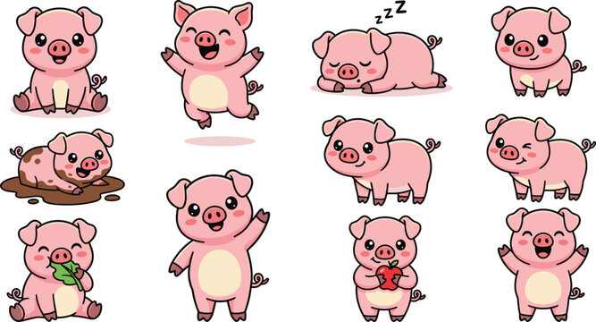 Cute Pink Pig Cartoon Character Set Featuring Various Poses Actions and Expressions Including Sleeping Eating Mud Bath and Jumping for Children Book Designs