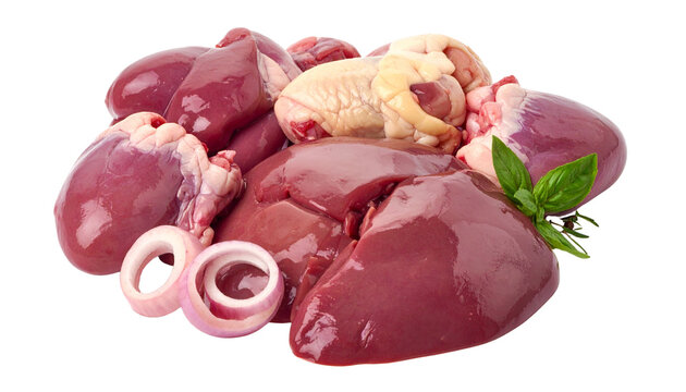 Fresh chicken livers, raw poultry giblets for cooking, nutrient-rich offal isolated on solid white background4

