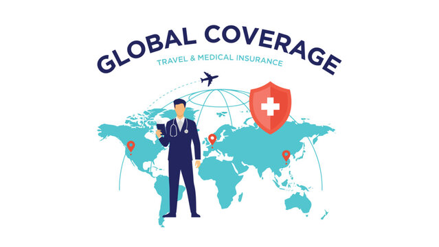 Global medical insurance coverage concept with professional doctor and world map insurance coverage healthcare hospital