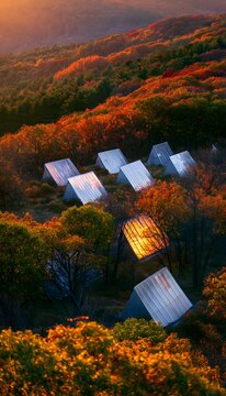 Sustainable energy blends with autumn beauty a serene landscape of quiet reflection and environmental harmony