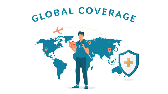 Professional standing before world map with medical shield and airplane symbol insurance airplane coverage internationa