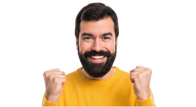 Happy man celebrating success with fists raised. Excited guy cheering for a victory.