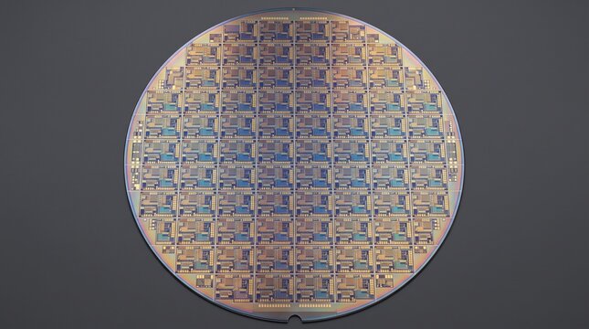 High-resolution close-up of a silicon semiconductor wafer featuring an array of integrated circuit dies used in advanced microchip manufacturing