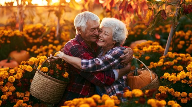 Warm embrace celebrates autumn joy a loving elderly couple amidst golden marigolds pumpkins
