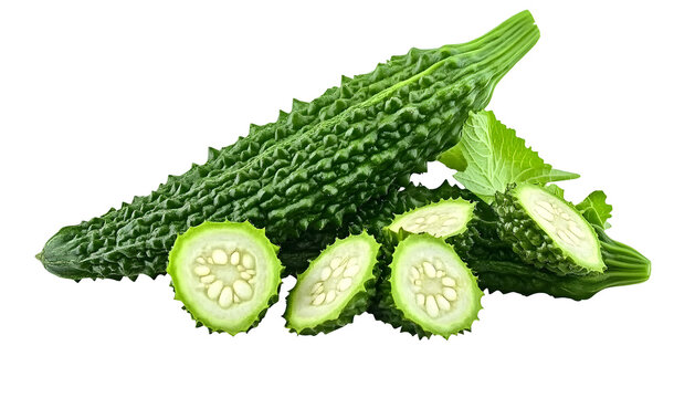 Whole and sliced bitter melon on transparent background healthy organic food.