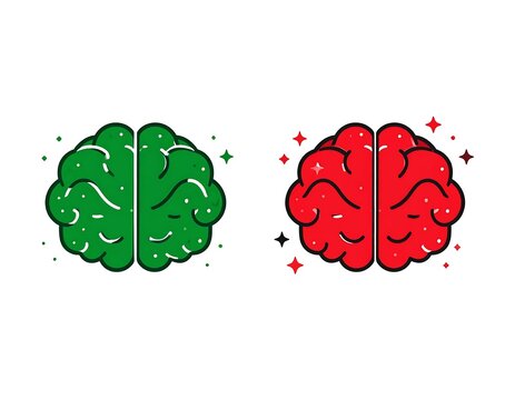 Set of green and red brain illustrations with sparkling elements.