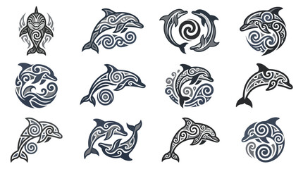 Stylized dolphin silhouettes with intricate tribal line art patterns. © Korek
