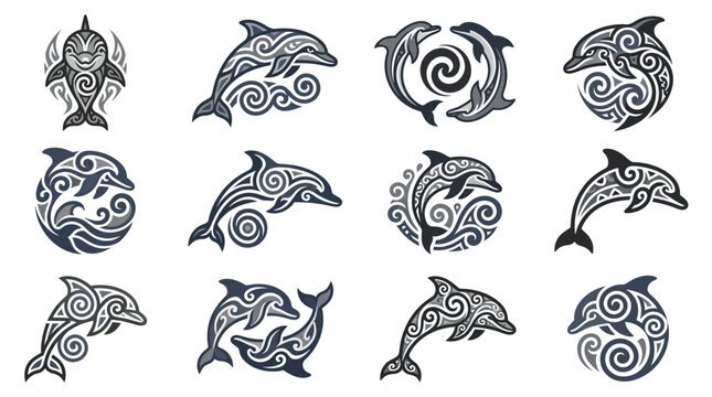 Stylized dolphin silhouettes with intricate tribal line art patterns.