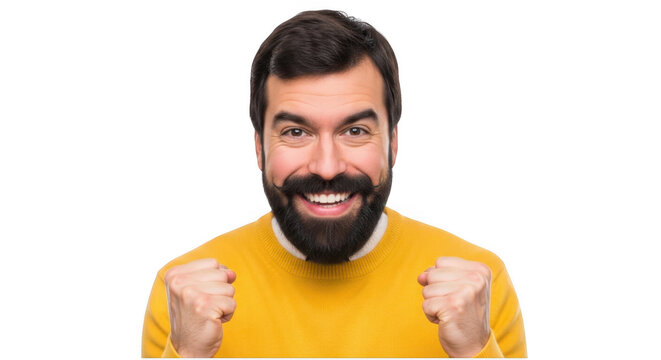 Excited man celebrating success. Happy bearded guy cheering with fists raised.
