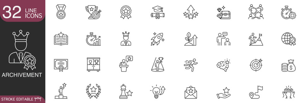 Achievement and success line icon vector set featuring business goals, personal growth, and winner rewards concepts with editable stroke.