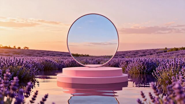 Lavender field with circular mirror pedestal