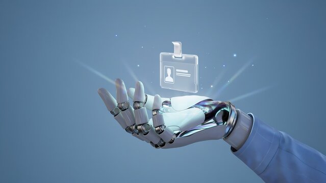 Robotic hand holding digital identity card for secure authentication and futuristic technology