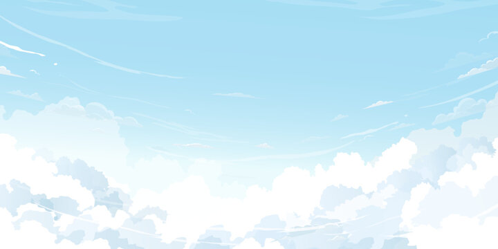 Sky Blue Background, White Cloud, Clear Summer Day. Spring Cartoon Vector Illustration, Bright Cloudscape With Soft Light, Panoramic Banner Nature Atmosphere Cloudy, Abstract Seasonal Landscape