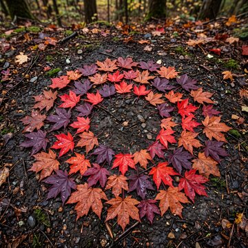 Colorful circular maple leaf arrangement on wet forest ground with heart circle wet red orange maple leaves dark earth composition dewdrop with foliage