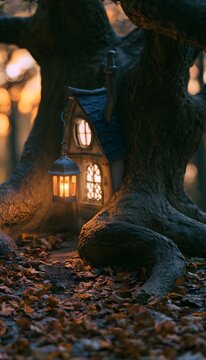 Autumn cottage glows warmly nestled among ancient oak roots a tranquil serene landscape scene