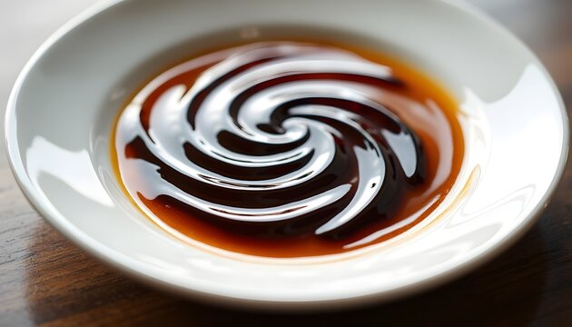 Swirling balsamic glaze in a small white dish.