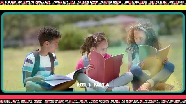 Three students opening color folders on lawn, reading and studying while film overlay framing reel