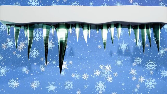 Falling snow causing icicles forming and growing along snow overhang, reflecting bands of light