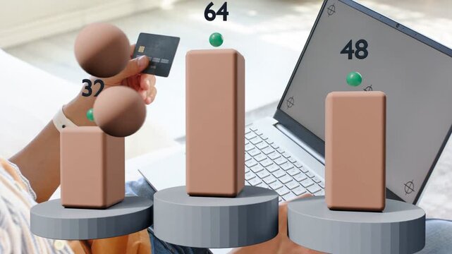Man holding card and typing on laptop, starting finance data with bars 32 or 64 or 48, spheres near 