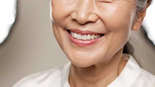 A joyful senior Asian woman shows off her healthy teeth while radiating happiness and positivity during a peaceful afternoon session that highlights the natural beauty found within human aging