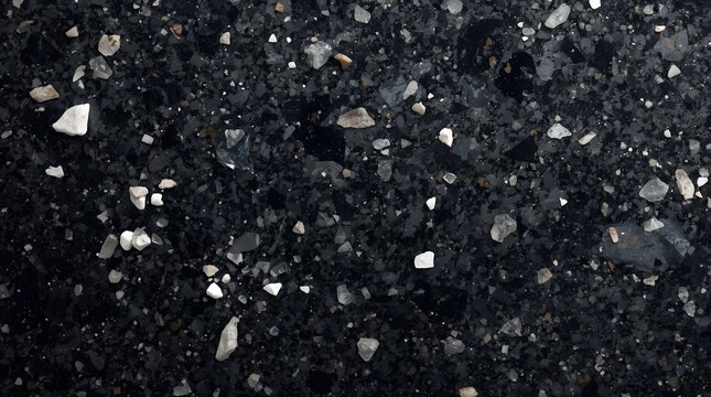 Macro shot of dark black granite texture with embedded white and gray mineral flecks for design backgrounds