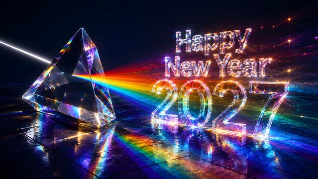 Happy new year 2027 message displayed with colorful light prism dispersion effect.
