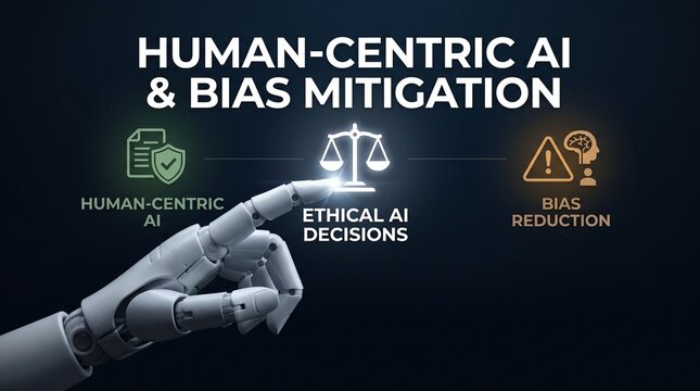 Robotic hand pointing at ethical AI scale. Machine learning bias mitigation concept.