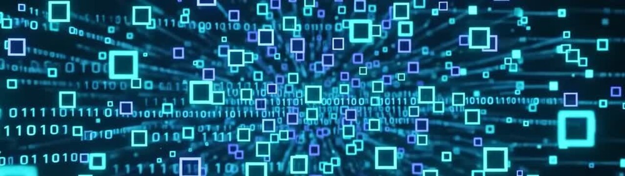 Digital data representing binary code and abstract patterns creating a glowing information stream in a technological setting.