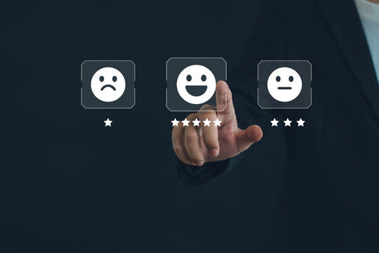 Customer satisfaction rating with five-star review, positive feedback, client experience, online evaluation, service quality, user satisfaction, customer review, business reputation and CRM.