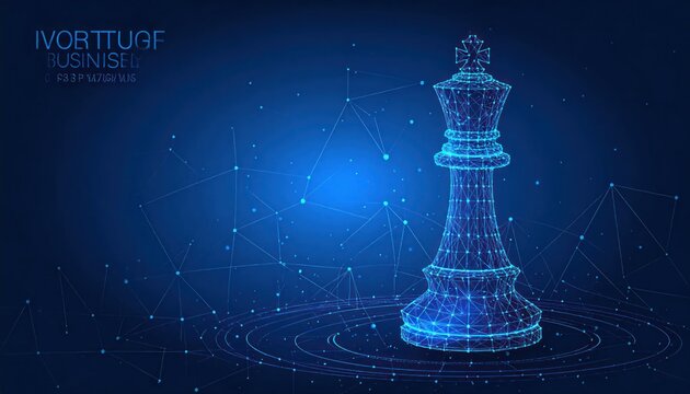 Majestic blue digital wireframe chess king piece on an abstract glowing network background symbolizing strategic business planning and data.
