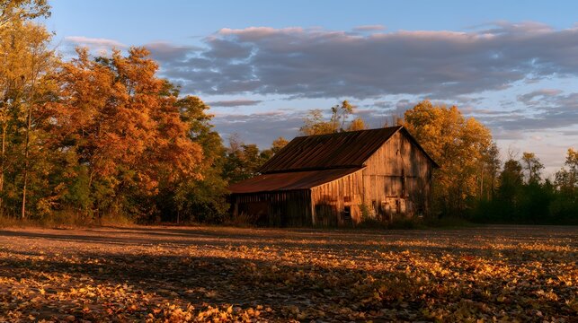 Autumns tranquil barn scene evokes rustic nostalgia bathed in golden hour light across a peaceful countryside vista