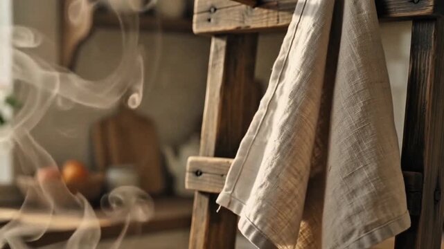 Cozy kitchen scene with steaming food and hanging linen towels on a rustic wooden rack