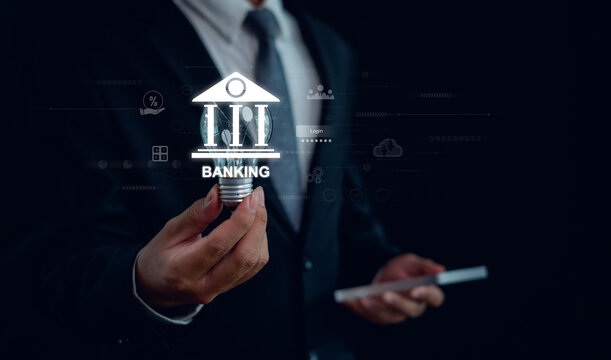 Digital banking innovation concept featuring a virtual bank interface, secure online transactions, fintech solutions, financial technology, customer access, and modern banking services.