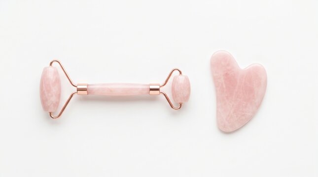 A cosmetic rose quartz facial roller and gua sha stone set for skincare routines and beauty treatments, promoting facial massage and skin wellness
