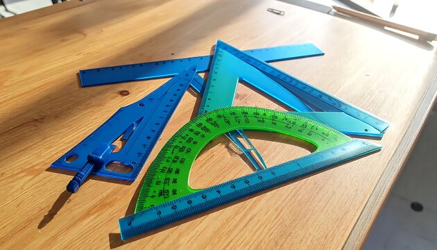Set of colorful plastic geometry drafting tools on a wooden desk.
